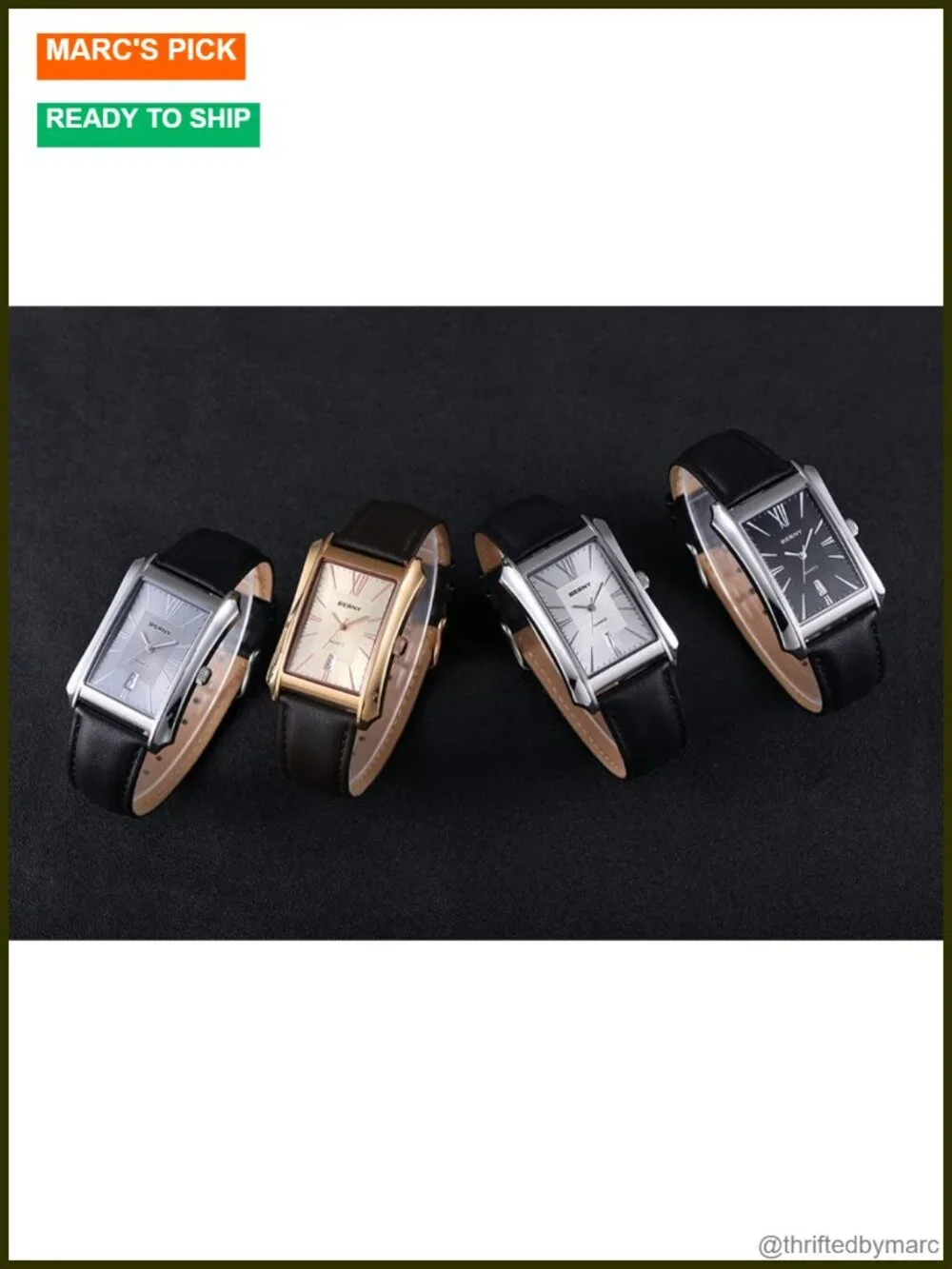 Men's Rectangular Quartz Watch Stainless Steel Leather Strap